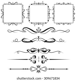 Vector illustration of a set of calligraphic dividers and floral page elements, corners and frames for scrapbook and other designs