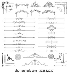 Vector illustration of a set of calligraphic dividers and floral page elements, corners and frames for scrapbook and other designs