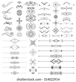 Vector illustration of a set of calligraphic dividers and floral page elements, corners and frames for scrapbook and other designs