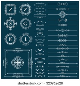 Vector illustration of a set of calligraphic dividers and floral page elements, corners and frames for scrapbook and other designs