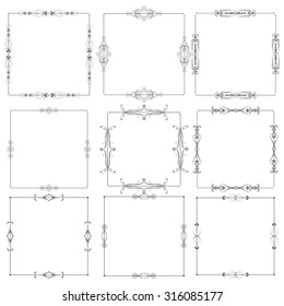 Vector illustration of a set of calligraphic floral page elements, corners and frames for scrapbook and other designs