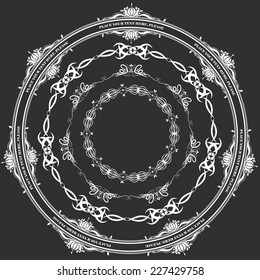 Vector illustration of a set of calligraphic frames, divider elements brushes samples, isolated on black