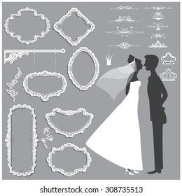 Vector illustration of a set of calligraphic frames, page dividers and other design elements for wedding invitation templates and other arts and designs