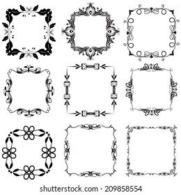 Vector illustration of a set of calligraphic ornamental square frames in black color, isolated on white