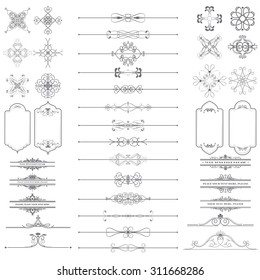 Vector illustration of a set of calligraphic page dividers, floral elements and frames for scrapbook and other designs