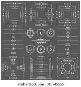 Vector illustration of a set of calligraphic page dividers, floral elements and frames for scrapbook and other designs