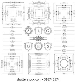Vector illustration of a set of calligraphic page dividers, floral elements and frames for scrapbook and other designs