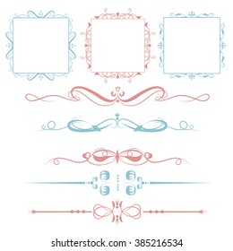 Vector illustration of a set of calligraphic page dividers, floral elements and frames for scrapbook and other designs