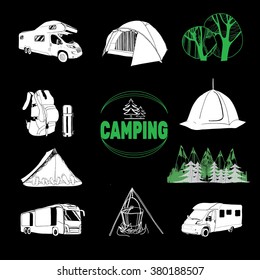 vector illustration of set of camp icons and logo graphics, stamps, prints, labels on black background.