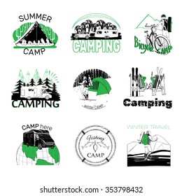 vector illustration of set of camp labels and logo graphics