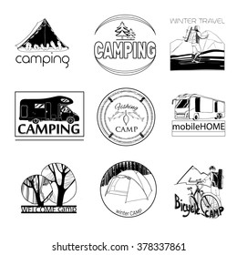 vector illustration of set of camp labels and logo graphics, stamp, print, icon on white background.