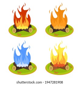 Vector illustration set of a campfire on a lawn, for camping and vacations, perfect for travel advertisements