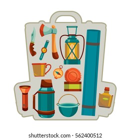 Vector illustration with set of camping equipment in the backpack. Hiking adventure. 