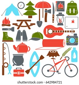 Vector illustration set camping equipment symbols and icons in flat style.
