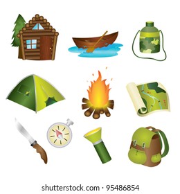 A vector illustration of a set of camping icons