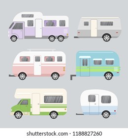 Vector illustration set of camping trailers. Concept of travel mobile home isolated on light grey background in flat cartoon style and pastel colors.