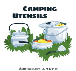 Ilustración vectorial con un conjunto de utensilios de camping. El concepto de viajes, turismo, equipo, artículos de cocina. Puede utilizar elementos en el diseño web, banners, etc.