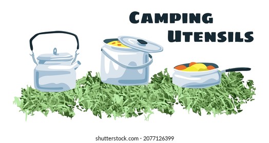 Ilustración vectorial con un conjunto de utensilios de camping sobre una hierba. El concepto de viajes, turismo, recreación al aire libre, equipo, artículos de cocina. Puede utilizar elementos en el diseño web, banners, etc.