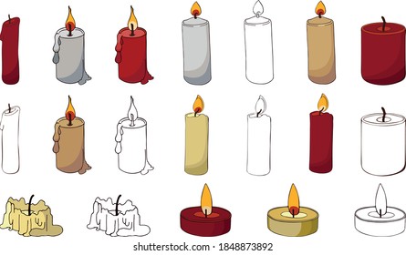 Vektorgrafik einer Reihe von Kerzen einzeln auf weißem Hintergrund. Sammlung von Ferienattribute.
