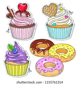Vector illustration. Set candy, cupcakes, cakes and doughnuts.