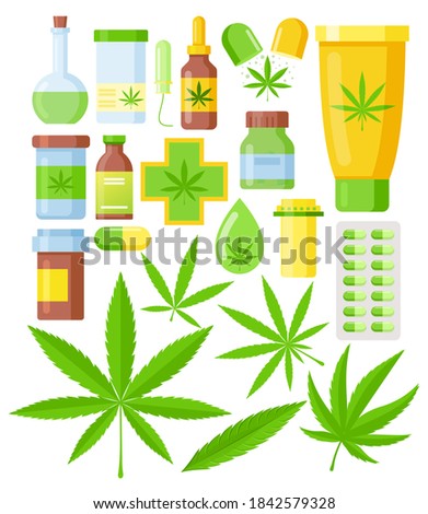 Vector illustration set of Cannabis medicine cartoon flat icons. medical marijuana set with hemp oil glass bottle, cannabis leaf isolated on white background