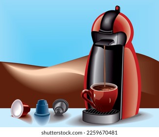 vector illustration with a set of capsule coffee machine and a red cup with hot coffee and coffee machine capsules