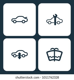 Vector Illustration Set Car Dashboard Icons. Elements car open lid, car repairs, Dashboar, and car windshield wash icon on white background