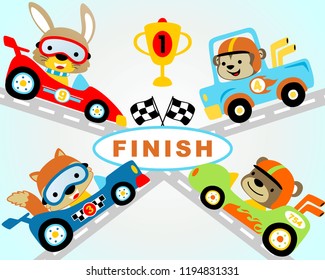 vector illustration set of car racing with funny animals racer