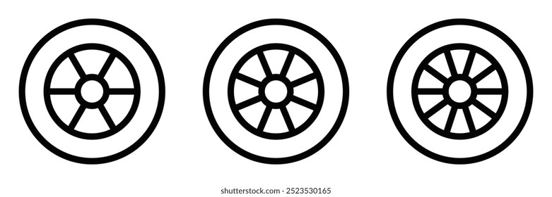 Vector illustration set of car wheel icons, depicting vehicle parts, tires, or automotive design elements. Editable stroke.