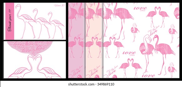 Vector illustration of set of card and seamless pattern with pink flamingo. Template for design, logo.