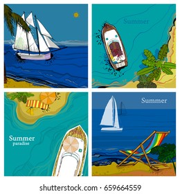 Vector illustration of Set card with top and front views of sea, Sailboat and beach with sand, palms, sun. Postcards in flat lay style. Boat, ship and sailboat on the water for summer holiday.