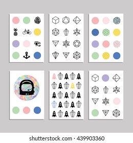 vector illustration / set of cards with bright geometrical design / rainbow pastel colors and crystal structures / hipster design elements bicycle anchor for posters covers and print