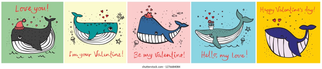 Vector illustration set of cards with cute cartoon little Valentine whale in love and hand drawn greeting text