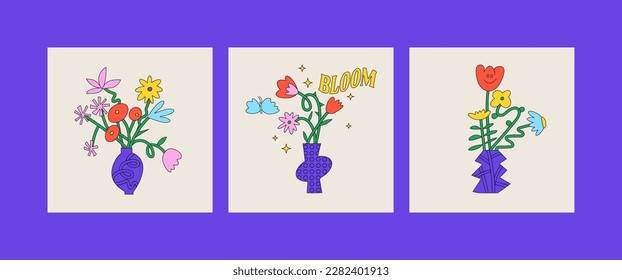 Ilustración vectorial de cartas con composición de flores en un jarrón. stickers de estilo ingenuo para medios impresos o sociales.