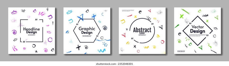Vector illustration. Set of cards. Paint brush and splash shapes. Pattern style. Hipster design. Design for card, invitation, postcard, banner.
