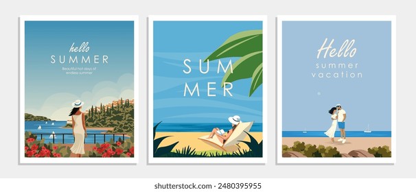 Ilustración vectorial. Conjunto de tarjetas, carteles, portadas, Anuncios. Descanso de verano. Hola verano. Colección de diseños. Turismo, viajes.