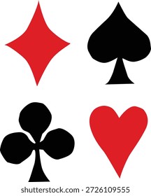 ilustração vetorial de um conjunto de símbolos cartas. diamante vermelho, espadas negras, coração vermelho e paus pretos.
