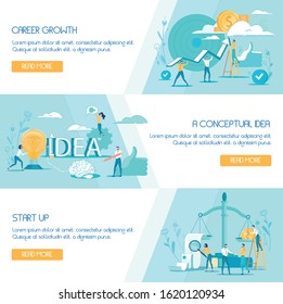 Vector Illustration, Set Career Growth, Start Up. A Conceptual Idea. Man Suit Aiming Pencil at Brain. Girl Holds Big Glowing Light Bulb. Woman is Standing on Gear Setting up Message.