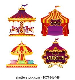 Vector illustration set of carnival circus emblems, icons with tent, carousels, flags isolated on white background in bright colors.