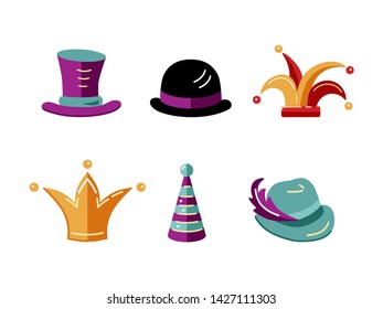 Vector illustration set of carnival hats. Flat style design.