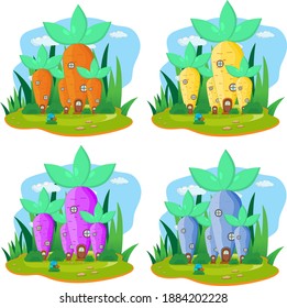 vector illustration set of carrot fruit house with grass and cloud