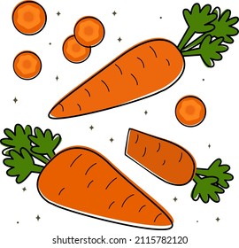 Vector illustration of a set with carrots.  Design elements for advertising and covers,children's books, food illustrations.Vector of fruits, leaves of garden plants. Dietary nutrition.Useful products