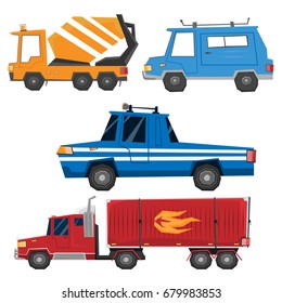 Vector illustration set of cars isolated on white background, concrete mixer, truck, wagon, minivan. Cartoon cars
