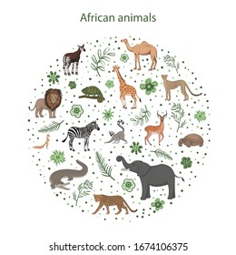 Vector illustration, set of cartoon African animals with leaves flowers and spots in a circle. Okapi, impala, camel, xerus, lion, chameleon, zebra, giraffe lemur cheetah crocodile leopard elephant tor