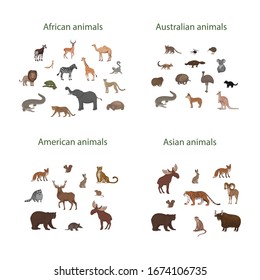 Vector illustration, set of cartoon African, American, Asian and Australian animals. Okapi, impala, lion, chameleon, zebra, lemur jaguar armadillo deer raccoon fox echidna squirrel hare koala crocodil