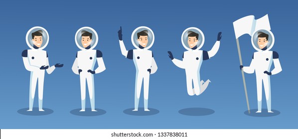 Vector illustration set of cartoon astronauts, spaceman in different positions. Moving cosmonaut in space costume, man in spacesuit, isolated on blue background. Spaceman in cosmos concept, galaxy