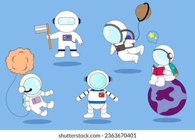 Vector illustration Set of cartoon astronauts in motion