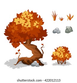 Vector illustration. Set of cartoon autumn orange plants. Trees, bushes, grass and stone