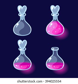 Vector illustration. Set of Cartoon Bottles of potion.Glass flasks with colorful liquids isolated on a dark background. Game icon of magic elixir.Vector design for app user interface.For animation