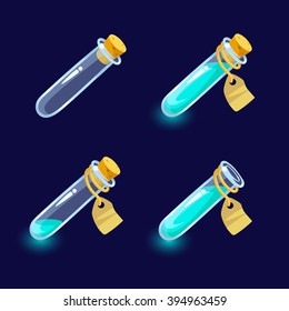 Vector illustration. Set of Cartoon Bottles of potion.Glass flasks with colorful liquids isolated on a dark background. Game icon of magic elixir.Vector design for app user interface.For animation